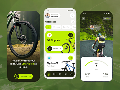 Smart Bicycle Mobile App – Ride Smarter, Faster & Safer app design bicycle bike biketracking cycle cycle store cyclingapp e commerce fitnessappdesign mobile app mobileappdesign modernui navigationapp ridetracker smart cycle smartbicycle smartbikeapp uiux