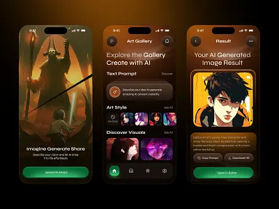 AI Image Generator Mobile App ai ai app ai image ai image generator ai mobile app app design art ai art generator artifical intelegance creation dark mode gradient image generator interaction midjourney mobile app mobile app design mobile design mobile ui text to image
