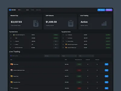 CS:GO Skin Trading Marketplace UI Design casino casino dashboard casino marketplace page casino web design cs skins csgo gaming csgo marketplace dashboard egaming marketplace skin swap skin trading trading platform web design