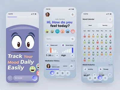 Mood Tracking App UI – Daily Mood Analytics & Wellness App app design daily mood emotion analytics emotion tracker habit tracker health app mental health mental health app design mobile mobile app modern mood tracking interface mood app mood tracker mood tracker ui self care app stress and sleep monitoring ui design wellness mobile app