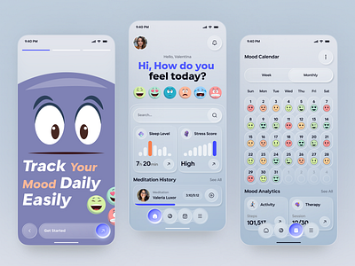 Mood Tracking App UI – Daily Mood Analytics & Wellness App app design daily mood emotion analytics emotion tracker habit tracker health app mental health mental health app design mobile mobile app modern mood tracking interface mood app mood tracker mood tracker ui self care app stress and sleep monitoring ui design wellness mobile app