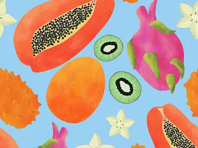 Fresh Tropical Fruits on Blue. Seamless pattern fabric fashion food fruit pattern seamless surface pattern textile tropical