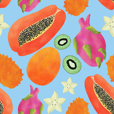 Fresh Tropical Fruits on Blue. Seamless pattern fabric fashion food fruit pattern seamless surface pattern textile tropical