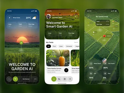 Smart Garden AI Mobile App agriculture app design agritech ai agriculture ai powered app app design crop health farming app ui field tracking app futuristic ui garden ai green app ui mobile mobile app nature app design plant monitoring app smart farming ui smart garden app ui design weather app ui
