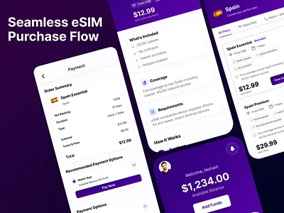 Seamless eSIM Purchase Flow android application checkout esim esim plan fintech ios payment purchase flow travel app ui uiux