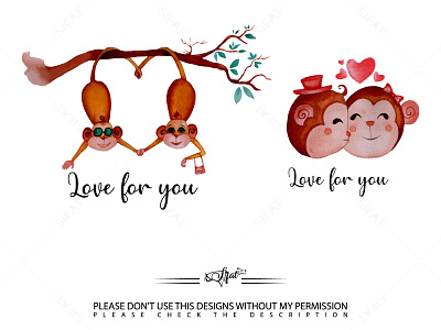 Monkey watercolor couple clipart cute