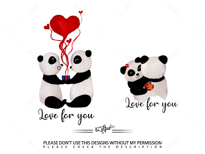 Panda valentine day couple watercolor clipart cute