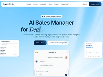 SalesTable - AI Sales Manager Hero Section ai coaching platform business intelligence ui clean cloud aesthetic coaching workflow visualization conversational ai interface crm inspired ui enterprise saas layout gradient hero background interactive web hero lead conversion optimization modern b2b saas design premium saas interface product catalogue widget real time sales coaching rep performance insights revenue analytics design sales automation tool sales dashboard design sales enablement ui sales team productivity