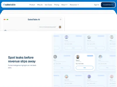 SalesTable - Funnel Intelligence & Deal Risk UI Stack b2b intelligence platform card based dashboard clean blue aesthetic crm enhancement dashboard deal risk tracking funnel analytics ui interactive sales experience layered product preview modern enterprise ui pipeline management ui predictive insights interface premium saas visuals productivity focused ui revenue intelligence design risk detection tools saas gradient hero sales operations design sales pipeline clarity sales workflow visualization stacked interface layout