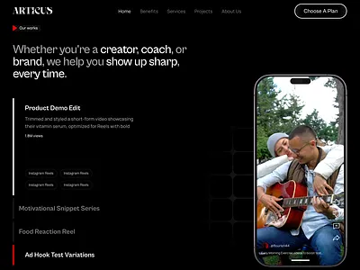 Creator Work Showcase with Vertical Reel Preview bold creative landing content creator platform content production design creator brand web design creator economy interface creator work showcase dark media showcase dark portfolio layout high contrast video section instagram reels interface mobile preview hero modern editing service ui premium media layout reel project display reels editing design short form video ui sleek black aesthetic social content studio tiktok style preview video portfolio showcase