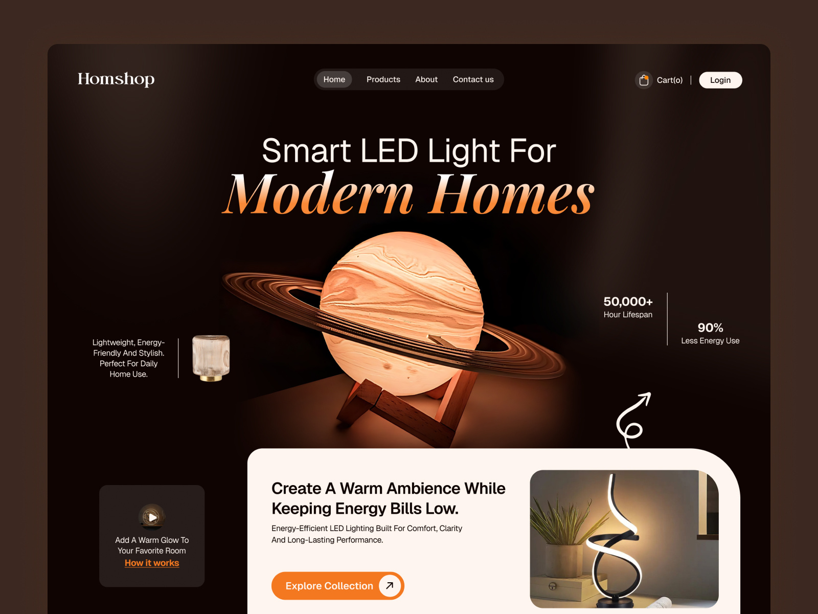 A Modern LED Lamp Experience - Homshop Ecommerce Website ecommerce ecommerce website header shot home decor branding home decor mobile app home decor website home page website led lamp mobile uiux modern lamp website smart home hero section smart home website techwitpro web home page web uiux website development wordpress design wordpress website design