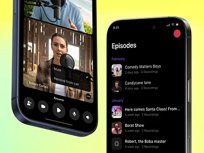 Zencastr Mobile App black call clean clear dark episodes ios iphone minimalist mobile modern podcasting record ui ux video video conference voip