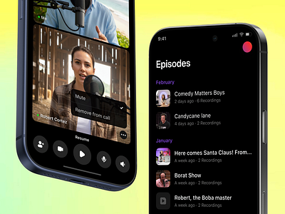 Zencastr Mobile App black call clean clear dark episodes ios iphone minimalist mobile modern podcasting record ui ux video video conference voip