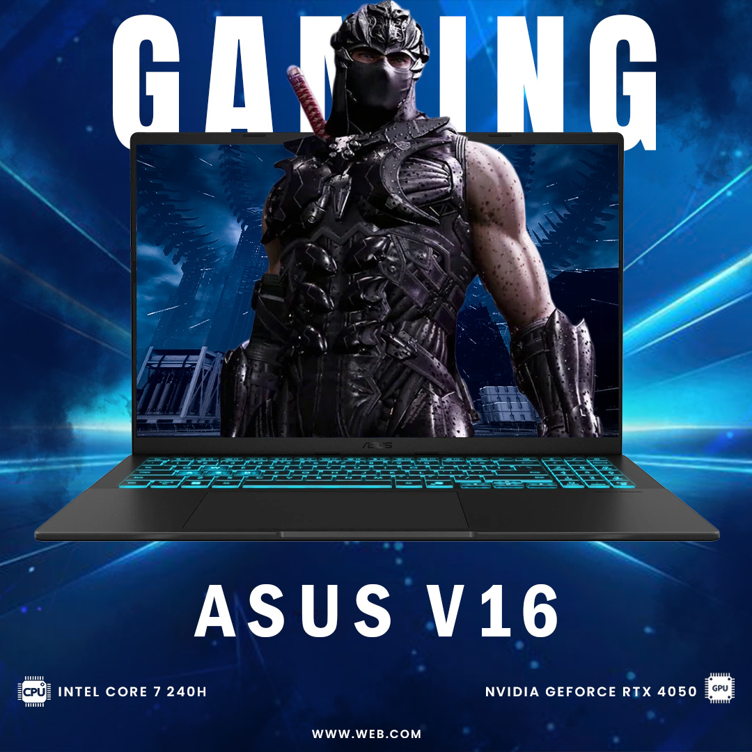 Futuristic Gaming Laptop Promo Poster – ASUS V16 advertising asus blue branding digital poster futuristic gaming gaming laptop gaming poster graphic design laptop laptop design laptop poster lightning post poster social media social media post