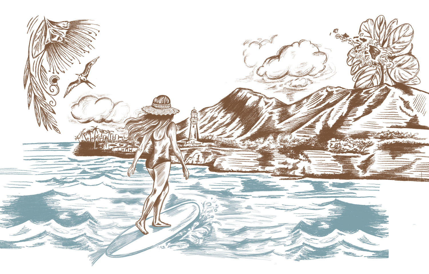 Diamond Head Surfing in Hawaii beach diamond head drawing hand drawn handdrawn hawaii hawaiian illustration original pencil drawing pencil sketch sketch surf surfer surfing