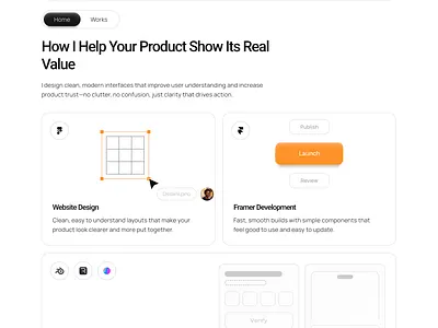 Product Value & Service Cards in Minimal UI b2b web design partner clarity focused layout clean white interface component based ui crisp minimal aesthetic designer service breakdown elegant minimal website design framer development section lightweight saas design minimal service cards modern product studio modular content blocks orange accent interface product value ui professional designer workflow smooth ui components structured service presentation studio capabilities section ux improvement design web design features layout