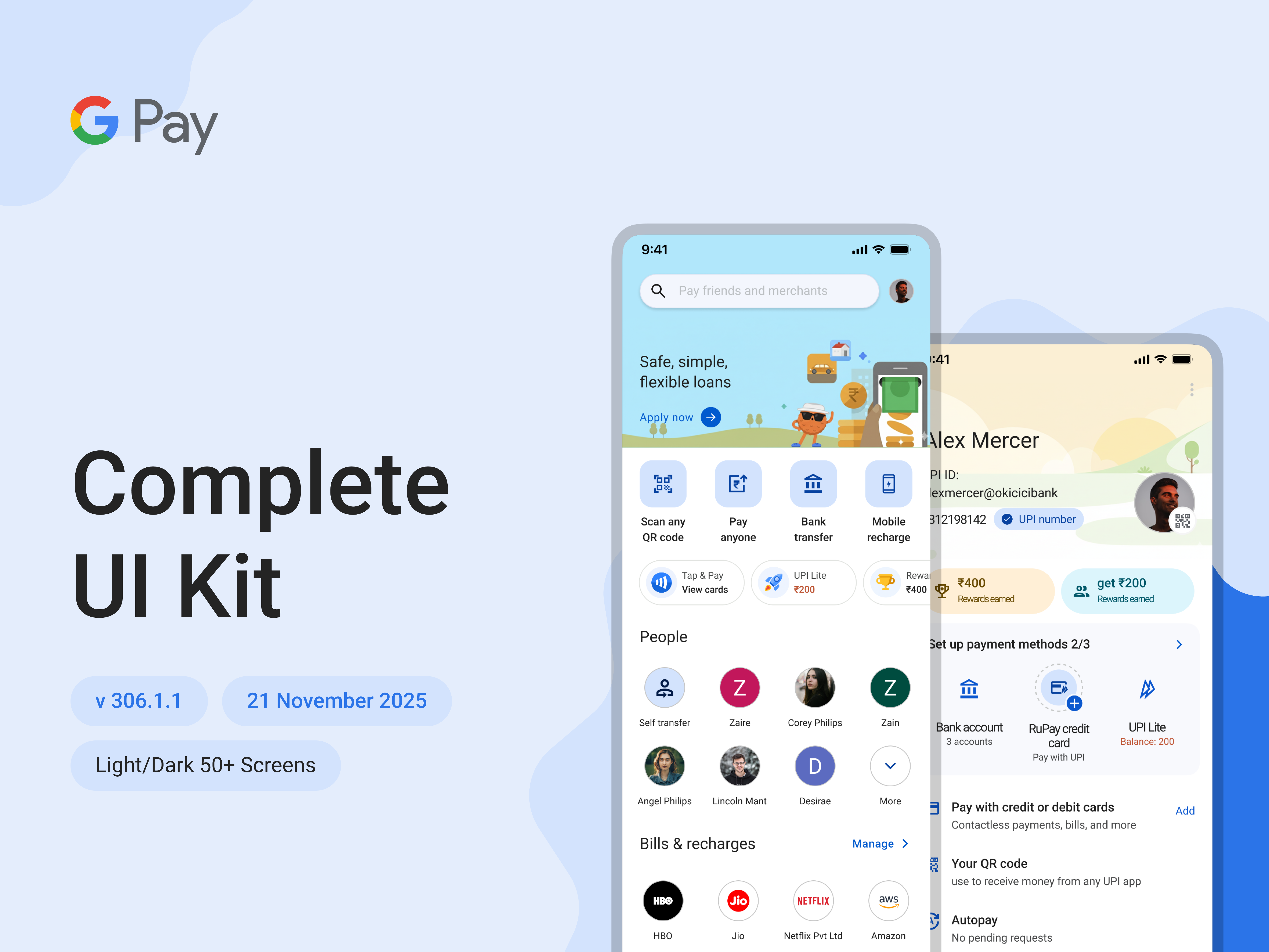 Google Pay Complete UI Kit — Light & Dark Mode (50+ Screens) app design banking figma community fintech google india google kit google pay google pay india google pay ui gpay latest light and dark mode mobile app ui kit mockup modern app screens ui kit ux design