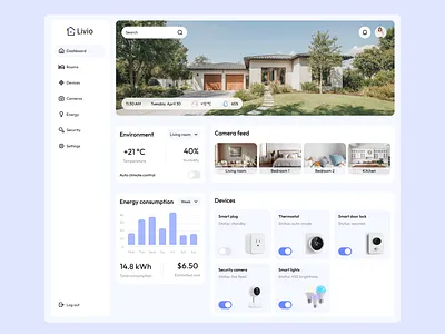 Livio — Dashboard for Modern Smart Home Management camera feed clean design climate control dashboard device control energy monitoring home automation interface design iot livio minimal ui modern dashboard smart devices smart home smart lights smart lock thermostat ui ui design web app ui