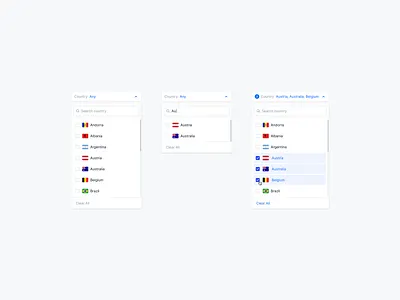 Filtering Component component country crm design dropdown filter menu filter system filtering flow item menu minimal search search bar select country sergushkin ui user interface ux web application