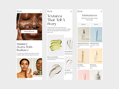 Skincare Shop Mobile UI beautyapp beautyui cleanui ecommerce ecommerceapp figma figmadesign minimaldesign mobiledesign mobileui modernui productdesign shoppingapp shopui skincare skincareui textures uidesign uxdesign wellbeing