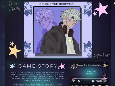 Itch.io Page Design Theme for K-Pop Visual Novel Game animation anime art branddesign branding clean colorful design game game design game dev game developer graphic design illustration itch.io itch.io page k pop logo ui visual novel