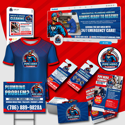 Superhero Mascot Logo & Full Brand Identity Kit Design for Plumb brand identity branding branding design cartoon logo cartoonlogox custom logo design door hanger full branding mascot logo plumber plumber cartoon logo plumbing cartoon logo plumbing logo service business social media superhero cartoon logo superhero mascot superhero plumber cartoon t shirt design yard sign