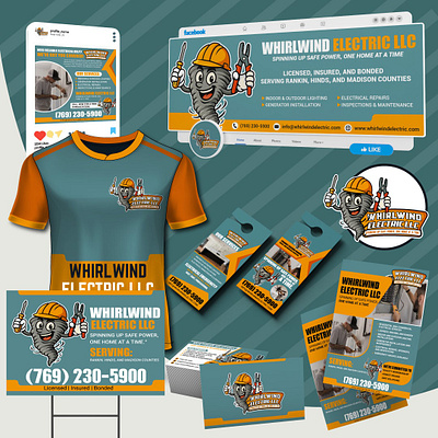 Custom Whirlwind Mascot Logo & Full Branding Kit for Electrician business card cartoon logo cartoon mascot cartoonlogox contractor branding contractor cartoon logo custom logo design door hanger electrician logo flyer design full branding graphic design illustration mascot logo service business social media branding social media design t shirt design whirlwind mascot yard sign