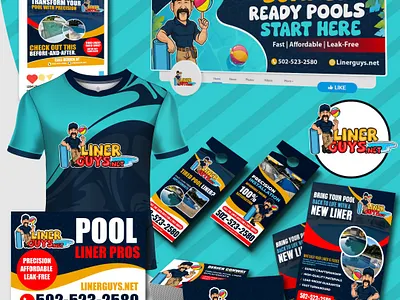 Custom Pool Liner Mascot Logo & Full Branding Kit brand identity branding design cartoon logo cartoon logo design cartoon man logo cartoonlogox company branding design custom logo design door hanger full branding man cartoon character mascot logo pool liner pool liner cartoon logo pool repair pool service pool service cartoon logo social media t shirt design yard sign