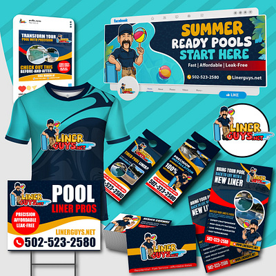 Custom Pool Liner Mascot Logo & Full Branding Kit brand identity branding design cartoon logo cartoon logo design cartoon man logo cartoonlogox company branding design custom logo design door hanger full branding man cartoon character mascot logo pool liner pool liner cartoon logo pool repair pool service pool service cartoon logo social media t shirt design yard sign