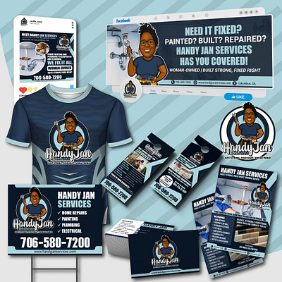 Woman-Owned Handyman Services Mascot Logo & Brand Identity Kit brand identity business branding cartoon logo cartoonlogox company branding design custom logo design full branding graphic design handyman branding handyman business card design handyman cartoon logo handyman door hanger design handyman logo home repair home services cartoon logo logo mascot logo plumbing t shirt design woman owned business