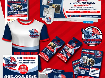 Blue Heron Mascot Logo & Full Brand Identity for HVAC ac repair brand identity cartoon logo cartoonlogox custom logo design door hanger full branding graphic design heating heating and cooling mascot logo heron cartoon logo heron mascot hvac brand identity hvac branding design hvac cartoon logo hvac logo illlustration social media t shirt design yard sign