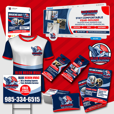 Blue Heron Mascot Logo & Full Brand Identity for HVAC ac repair brand identity cartoon logo cartoonlogox custom logo design door hanger full branding graphic design heating heating and cooling mascot logo heron cartoon logo heron mascot hvac brand identity hvac branding design hvac cartoon logo hvac logo illlustration social media t shirt design yard sign