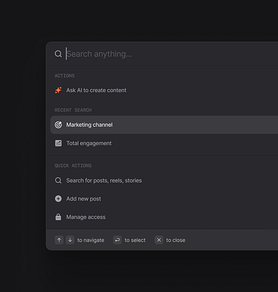 Search UI - Social CMS Web App cms design dark modal dark web app darkmode dashboard ui product design search modal search ui