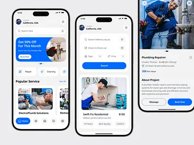 Plumbing Service Mobile App app design app screen buysell cleaning app cleaning services figma design home service app iso mobile app mobile app service modern ui design on demand service online booking app plumbing app plumbing service repairing service app service booking uiux design user experience
