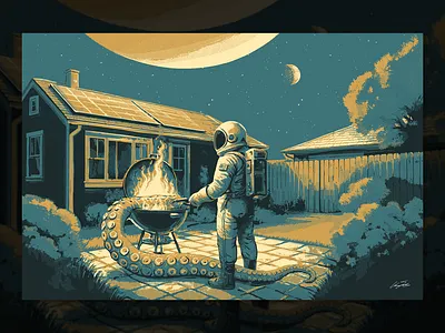 Solar BBQ astronaut branding building design halftone helena illustration planet space