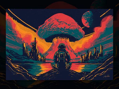 Another Bomb astronaut building design halftone illustration planet space