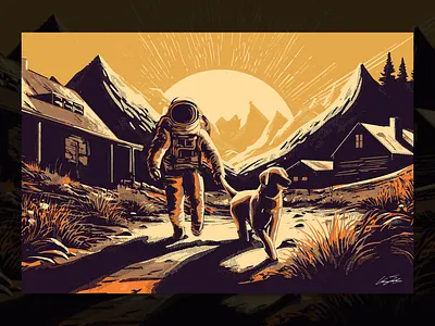 Dog Walk astronaut building halftone illustration planet space