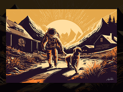 Dog Walk astronaut building halftone illustration planet space