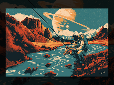 Fishing the Dream astronaut halftone helena illustration planet space