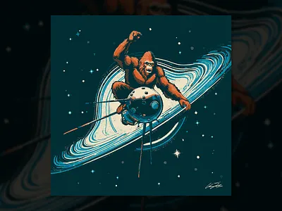 Sasquatch Sputnik astronaut halftone illustration planet space