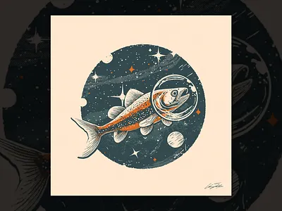 Space Trout astronaut building halftone helena illustration planet space
