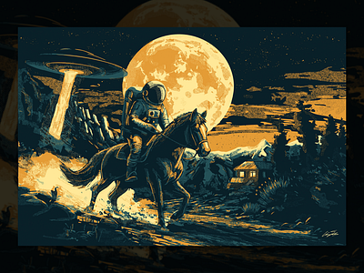 UFO Chase astronaut building design halftone helena illustration planet space