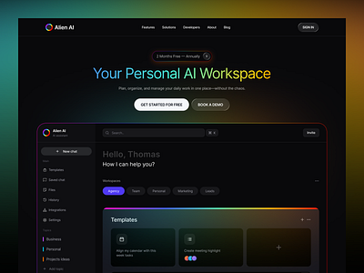 Alien AI — Personal AI Workspace (Landing Page + Dashboard UI) design product service startup ui ux web