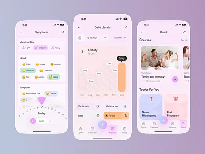 Period Tracker mobile App app app design calendar health app interface design minimal mobile mobile app mobile app design mobile app ui modern app ui period tracker period tracker app period tracker app design pregnancy tracking app ui ux women health