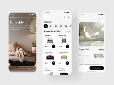Elegant Modern Furniture Shopping Mobile App app design catalogue ui ecommerce app elegant design furniture app furniture store home decor minimal design mobile app mobile app design modern furniture product page product showcase shopping app ux design