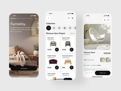 Elegant Modern Furniture Shopping Mobile App app design catalogue ui ecommerce app elegant design furniture app furniture store home decor minimal design mobile app mobile app design modern furniture product page product showcase shopping app ux design