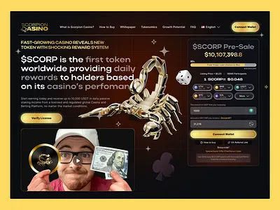 Scorpion Casino – Crypto Casino Token Landing Page 3dillustration artdirection branding casino crypto cryptoart cryptocurrency cryptoexchange digitalart figmadesign gambling landingpage nftdesign presale tokenomics uidesign uiux web3 web3design websiteconcept