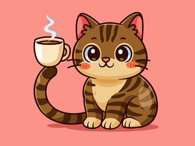 Cat Coffee🐱☕️ adorable animal branding cat character coffee cute doodle drink flat food hot coffee icon illustration kitten logo paw pet playful tail