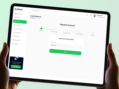 Deposit Flow - Banking management UI Dashboard amount analytics dashboard banking dashboard clean ui dashboard dashboardui data visualization deposit design inspiration finance app fintech load balance minimal design money tracker ui design ux design weave ui webapp