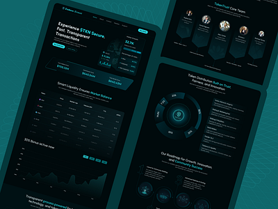 TokenTrust — Blockchain Landing Page UI blockchain ui design crypto exchange ui crypto landing page dark mode ui defi platform ui fintech design futuristic ui modern web design token analytics tokenomics dashboard web3 dashboard web3 user experience